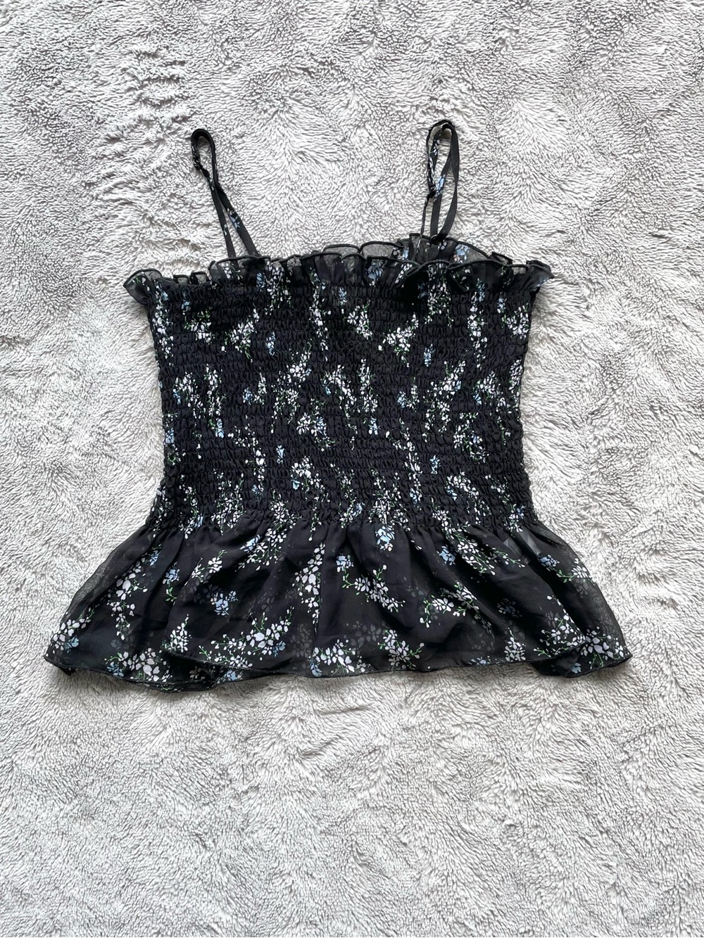 Black Floral Shirred Ruffle Cami Top